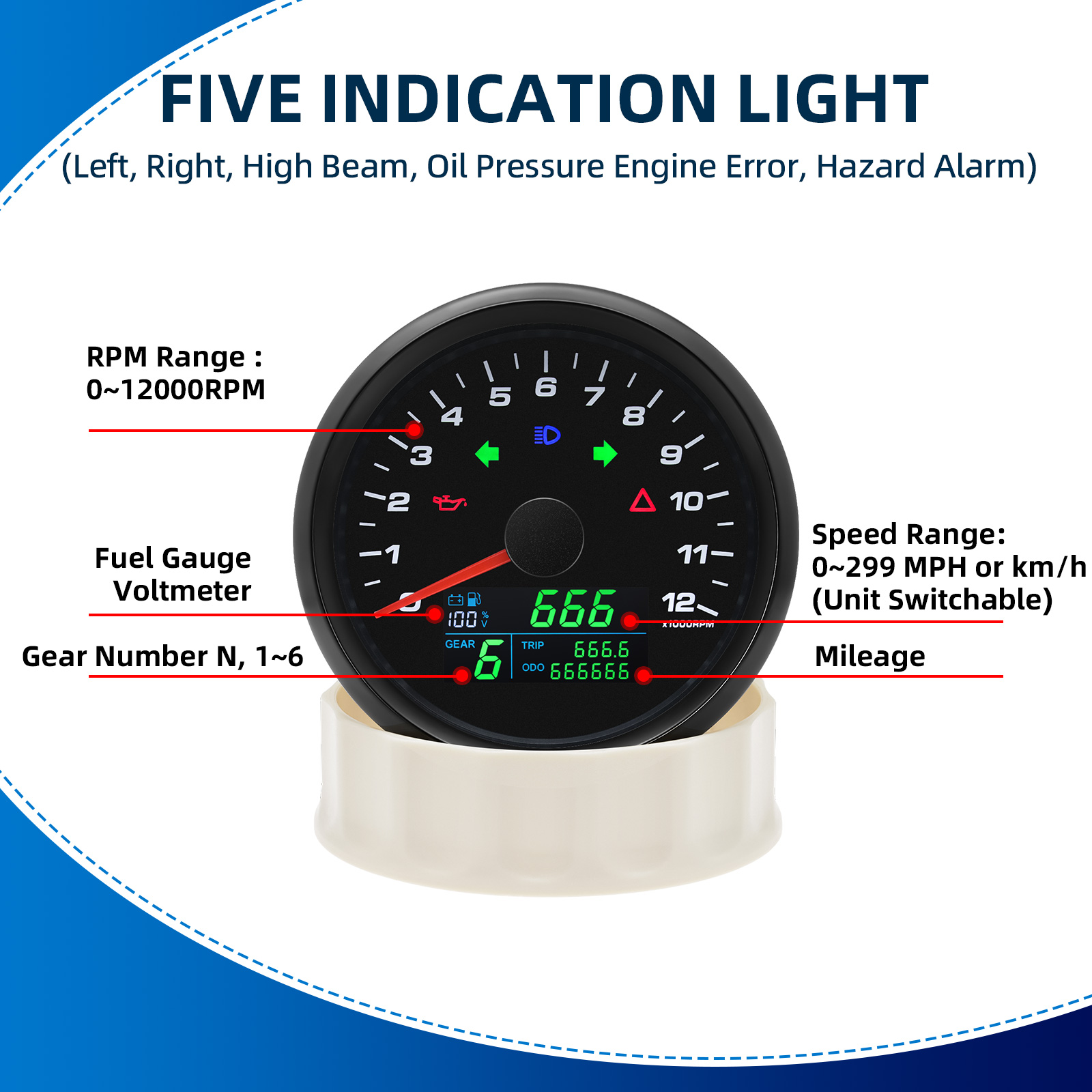 6 in 1 0-12000 RPM Toerentelle - Motorcycle Gear Levels recensie en prijs